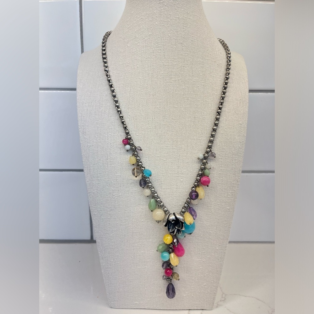Vintage Fossil Beaded Flower Y-Necklace Y2K Boho Statement Jewelry Multi-Color - Picture 9 of 9